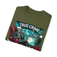 True crime junkie tshirt, vintage style tee, skeleton graphic tee, relaxed fit tee, crime lover, mystery lover, stylish tshirt for her/him.