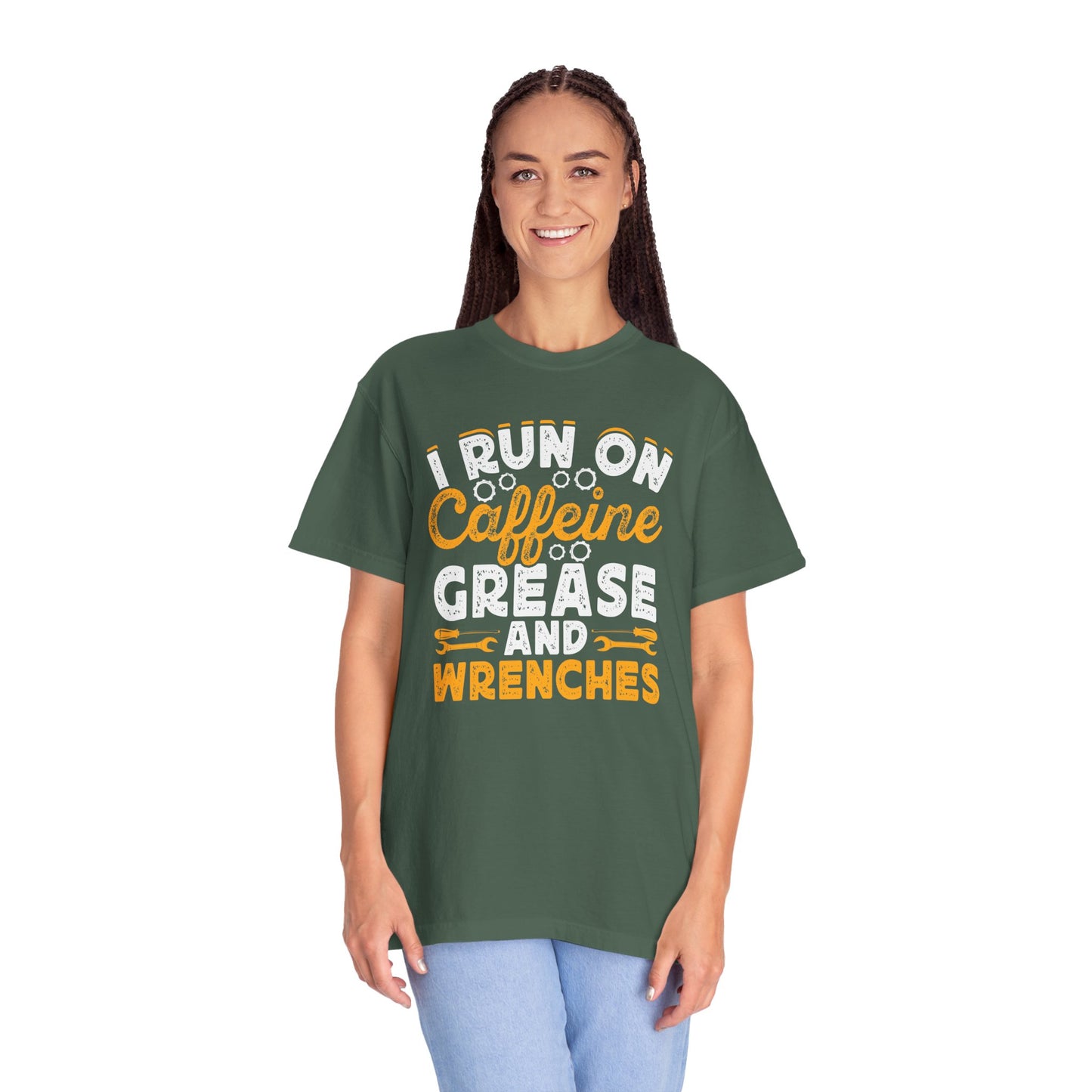 I Run On Caffeine, Grease and Wrenches, Fun Mechanic Quote, Comfort Colors Unisex Relaxed Fit T Shirt