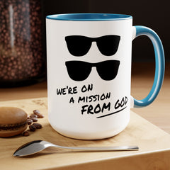Funny Movie Quote Mug, We're On A Mission From God, Blues Brothers Movie, Cheap Sunglasses, Novelty Gift, 80s Movie Mug, Two Tone Mug 15 oz.
