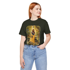 Fairy Tale Forest Tee — Woman with Dog Vintage Fantasy Graphic Shirt