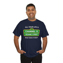 FUNNY T SHIRT  ALL YOUR LIFE IS CHANNEL 13 SESAME STREET WHAT DOES IT MEAN? MUSIC LYRICS. Unisex Heavy Cotton Tee