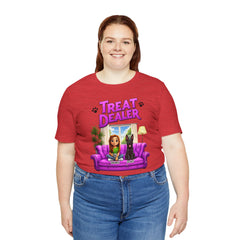 Personalized Treat Dealer T-Shirt — Funny Pet Lover Tee with Girl and Dog on Purple Couch