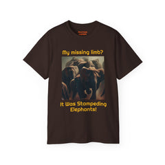 My Missing Limb? It Was Stampeding Elephants! - Unisex Ultra Cotton Tee | Leg Amputee, Limb Awareness, Amputee Gag, Arm Amputee, Amputee Fun