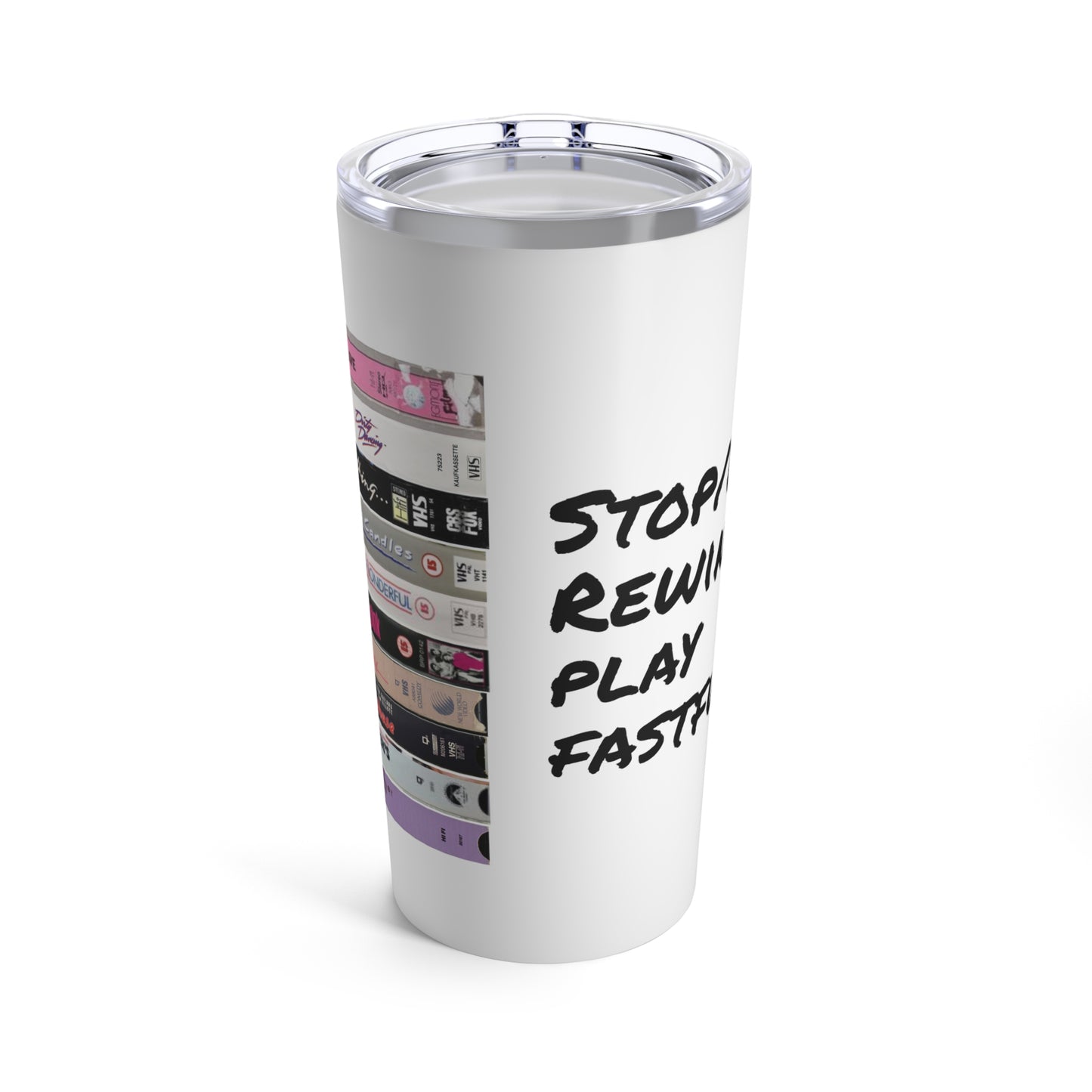 Stop/Eject Rewind Play FFwd 80s Movie Stack of VHS Tapes - 20oz Stainless Steel Tumbler