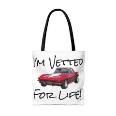 I'm Vetted For Life! / Tote Bag (AOP) / for him / for her / collector car / Chevrolet Corvette / Chevy / Little RED Corvette /