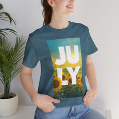 July Sunflower T‑Shirt – Summer Graphic Tee with 'JULY' Text