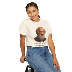 Darwin Coffee Funny T-Shirt — "Survival of the Fittest? I Barely Survive Coffee Shortages."
