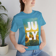 July Sunflower T‑Shirt – Summer Graphic Tee with 'JULY' Text