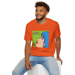 Pop Art Gal T-Shirt featuring Blue Hair and Red Lips Unisex Soft Style Shirt