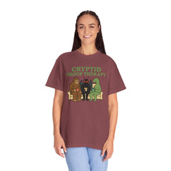 Cryptid Group Therapy Bigfoot, Mothman and Loch Nessie Unisex T-Shirt, Funny Graphic Tee, Gift for Cryptid Lovers, Quirky Casual Wear, Cool Humor Shirt