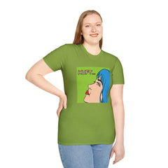 Pop Art Gal T-Shirt featuring Blue Hair and Red Lips Unisex Soft Style Shirt