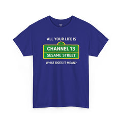 FUNNY T SHIRT  ALL YOUR LIFE IS CHANNEL 13 SESAME STREET WHAT DOES IT MEAN? MUSIC LYRICS. Unisex Heavy Cotton Tee
