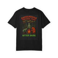 After Dark Collection Shenandoah National Park Unisex Retro Graphic Tee | Campfire Scene with Sky Serpent, Phantom Creature and Bear with Mug