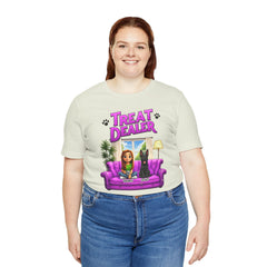 Personalized Treat Dealer T-Shirt — Funny Pet Lover Tee with Girl and Dog on Purple Couch