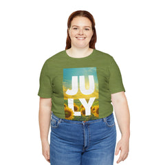 July Sunflower T‑Shirt – Summer Graphic Tee with 'JULY' Text