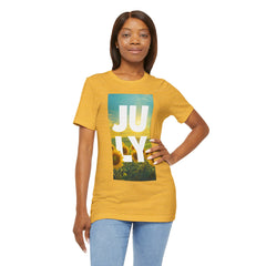 July Sunflower T‑Shirt – Summer Graphic Tee with 'JULY' Text