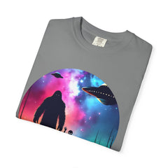 Bigfoot & Alien Nightscape T-Shirt — Sasquatch UFO Graphic Tee