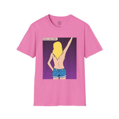 WILD AND FREE Pop Art Blonde Hair Girl with denim shorts and no top Unisex Softstyle T Shirt