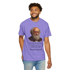 Darwin Coffee Funny T-Shirt — "Survival of the Fittest? I Barely Survive Coffee Shortages."
