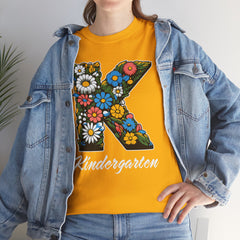 Kindergarten Floral Letter Tee, Kids Birthday Gift, Teacher Appreciation Shirt, Spring Celebration Tee, Unisex Cotton Tee
