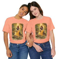 Fairy Tale Forest Tee — Woman with Dog Vintage Fantasy Graphic Shirt