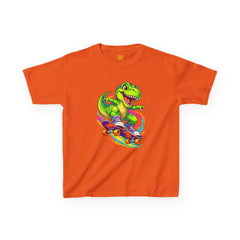 Kids Skateboarding T‑Rex Tee — Neon Dino Skateboard Shirt for Boys & Girls