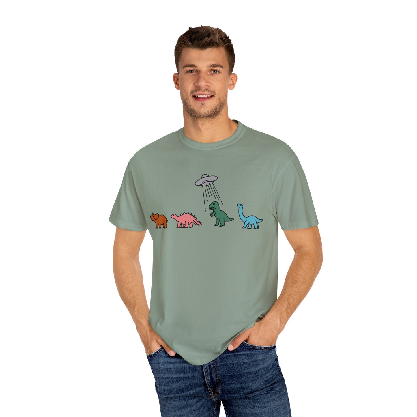 Dinosaur UFO Retro Unisex Garment-Dyed T-shirt