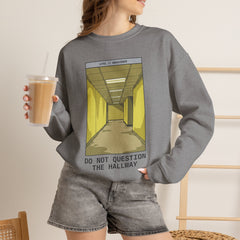 Crewneck Sweatshirt "Do Not Question the Hallway" – Retro Yellow Corridor Graphic
