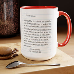Rebel Nerd Jock Princess Basketcase Don't You Forget About Me & The Letter - Two-Tone Mugs, 15oz / The Breakfast Club / 80s Movies /