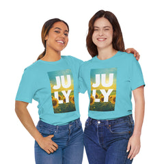 July Sunflower T‑Shirt – Summer Graphic Tee with 'JULY' Text
