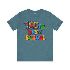 HAPPY 100 DAYS of SCHOOL - Unisex Short Sleeve Tee | Elementary School Holiday, Teacher Apparel, Kids Motivation, Days Checked Off, 100 Days