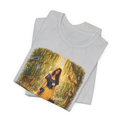 Fairy Tale Forest Tee — Woman with Dog Vintage Fantasy Graphic Shirt
