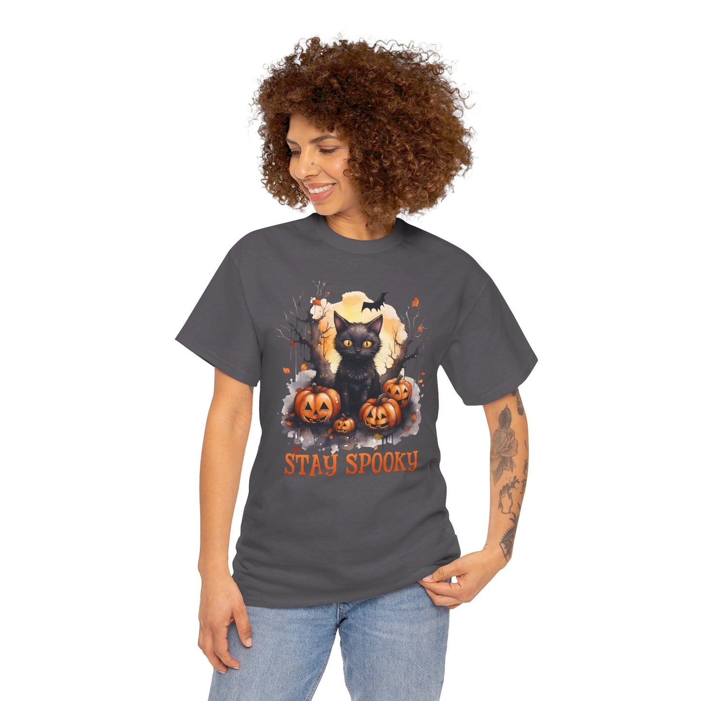 Black Cat And Pumpkin! Graphic Unisex Heavy Cotton Tee