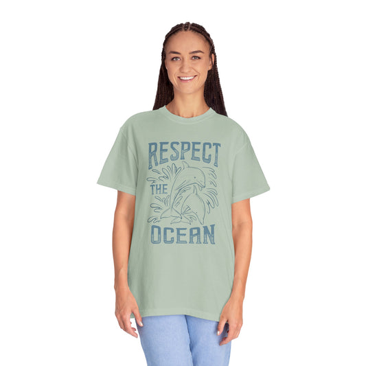 Dolphin, Respect The Ocean -  Graphic Unisex Garment-Dyed T-shirt