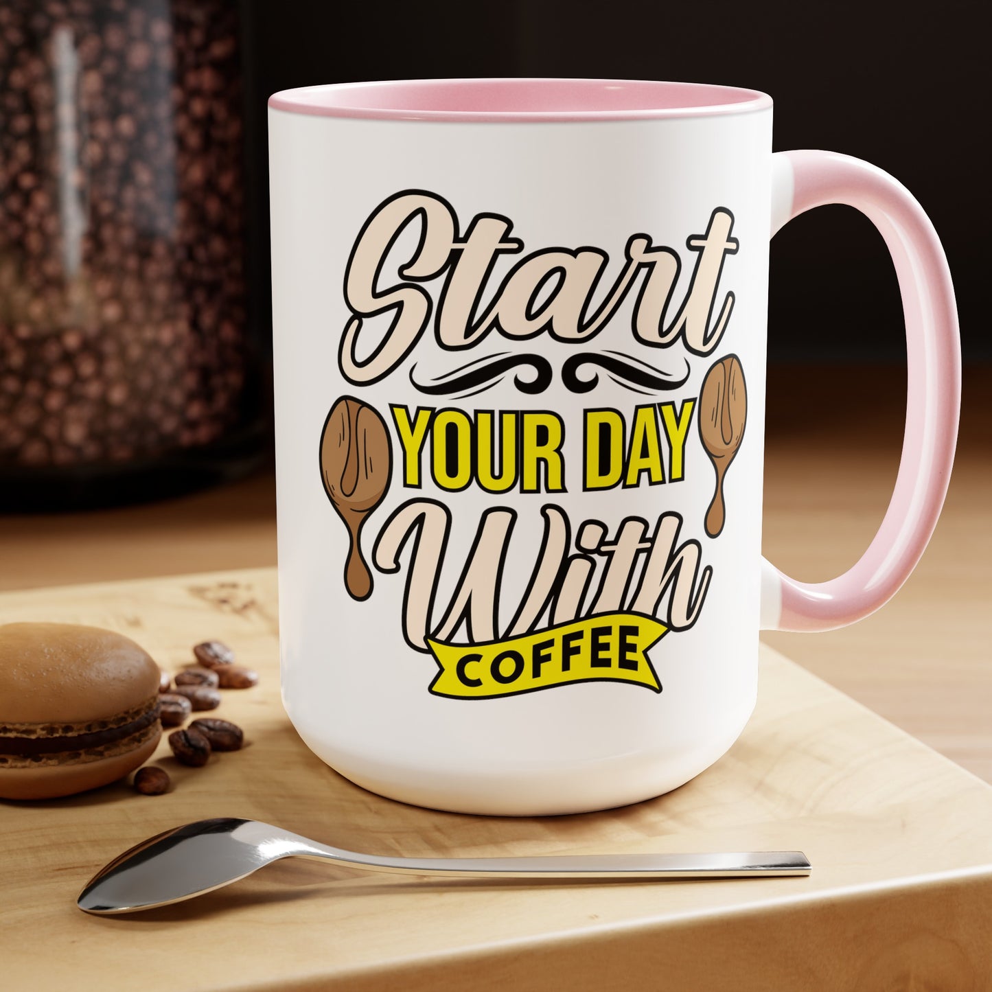 Start Your Day With Coffee Quote, Two-Tone 15 oz Coffee Mug