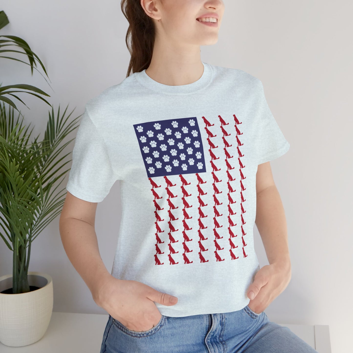 Personalized Dog Silhouette on American Flag - Tell us your dog breed, Unisex Short Sleeve Tee, Golden Retriever Silhouette Shown, Patriotic Shirt, Patriotic Pooch