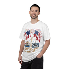 250 Years of Liberty T-Shirt — Patriotic American Flag & Historic Ship Design