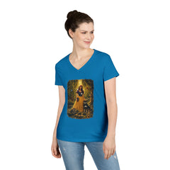 Fairy Tale Snow White & Dog V-Neck T-Shirt — Whimsical Princess Forest Graphic