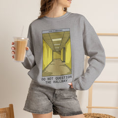 Crewneck Sweatshirt "Do Not Question the Hallway" – Retro Yellow Corridor Graphic