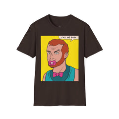 Call Me Baby Unisex Softstyle T-Shirt  Pop Art Bearded Guy with a pacifier and a bow tie