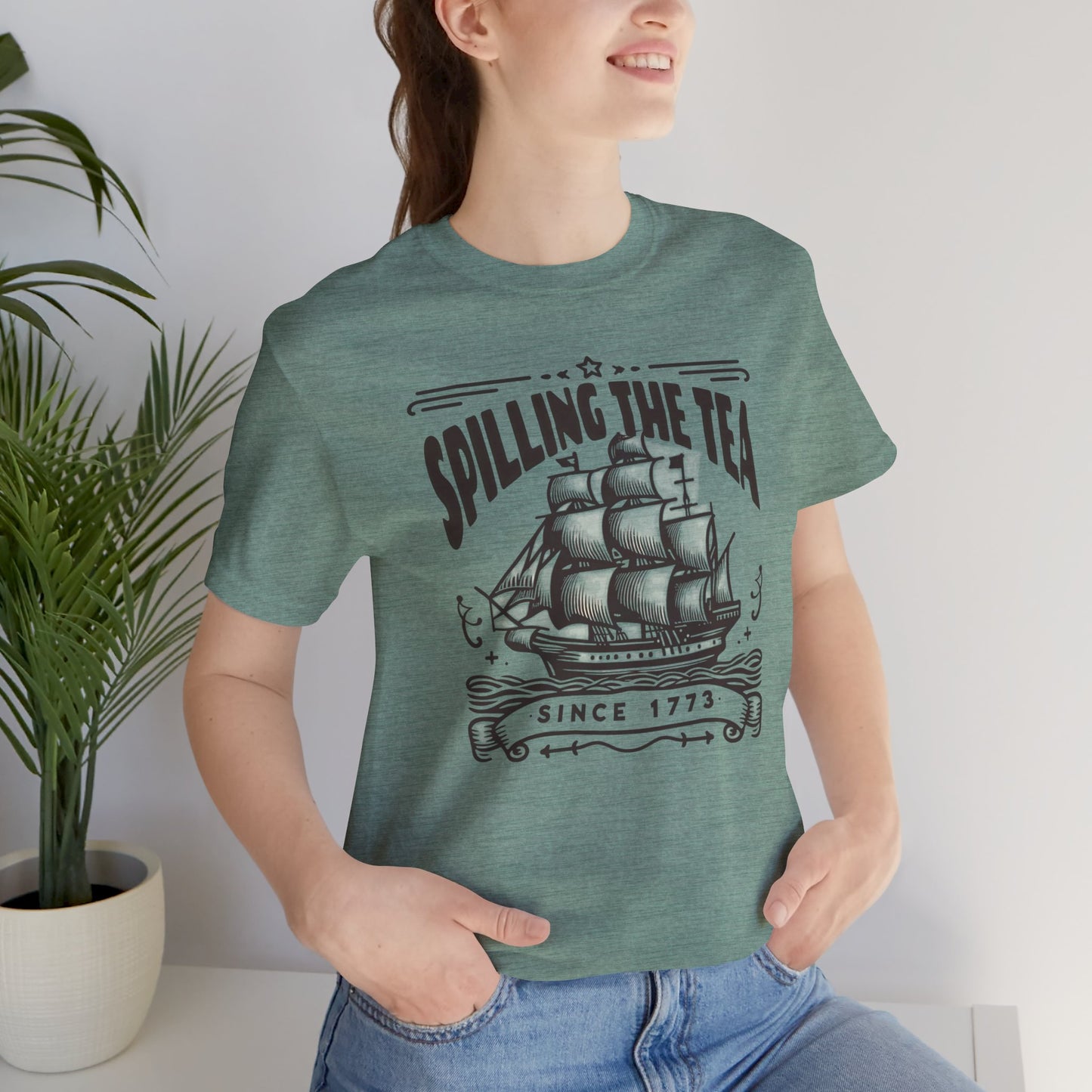 Spilling The Tea Since 1773, Sailing Ship Graphic, Unisex Jersey Short Sleeve Tee