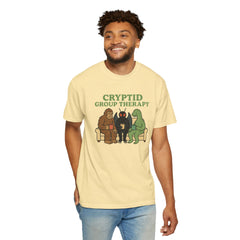 Cryptid Group Therapy Bigfoot, Mothman and Loch Nessie Unisex T-Shirt, Funny Graphic Tee, Gift for Cryptid Lovers, Quirky Casual Wear, Cool Humor Shirt