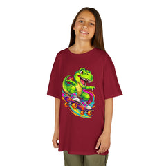 Kids Skateboarding T‑Rex Tee — Neon Dino Skateboard Shirt for Boys & Girls