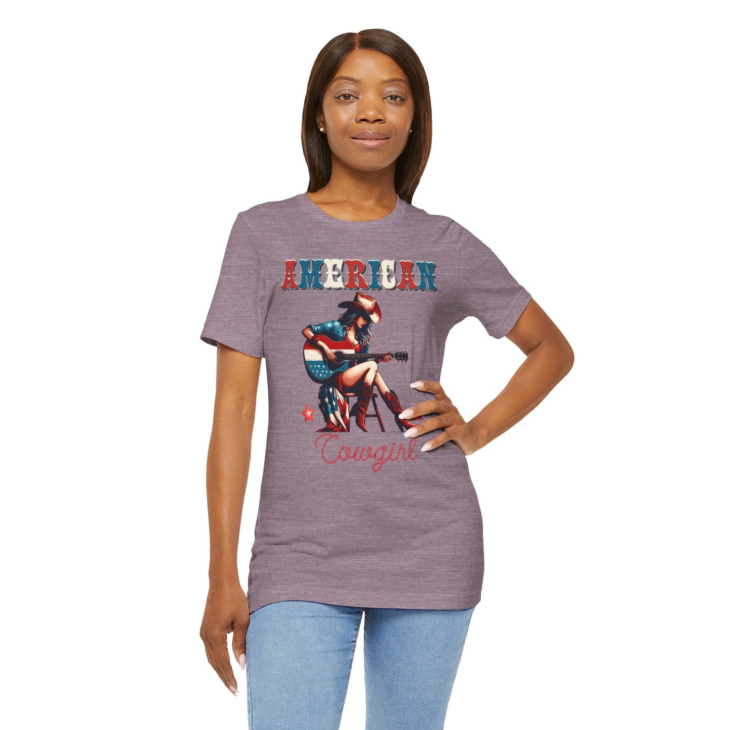 American Cowgirl, Playing Guitar Graphic, Unisex Jersey Short Sleeve Tee