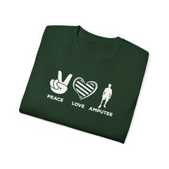 PEACE LOVE AMPUTEE - Unisex Ultra Cotton Tee | Amputee, Leg Amputee, Limb Awareness, Prosthetic, Motivational Tee,