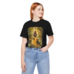 Fairy Tale Forest Tee — Woman with Dog Vintage Fantasy Graphic Shirt
