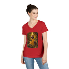 Fairy Tale Snow White & Dog V-Neck T-Shirt — Whimsical Princess Forest Graphic