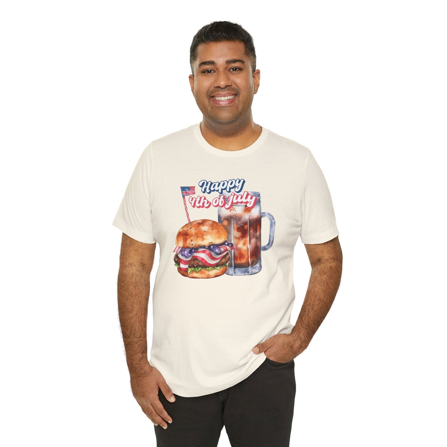 Happy 4th Of July Burger and Mug Graphic, Unisex Jersey Short Sleeve Tee