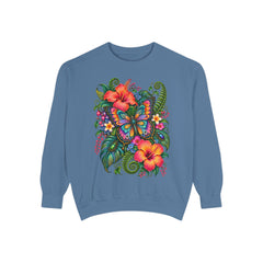 Floral Butterfly Sweatshirt — Tropical Hibiscus Garden Crewneck