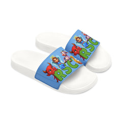 Russell Sage College Mascot Characters Graphic Women's Summer Slide Sandals -  Purple Cow, Red Devil, Golden Horseshoe, Blue Angel